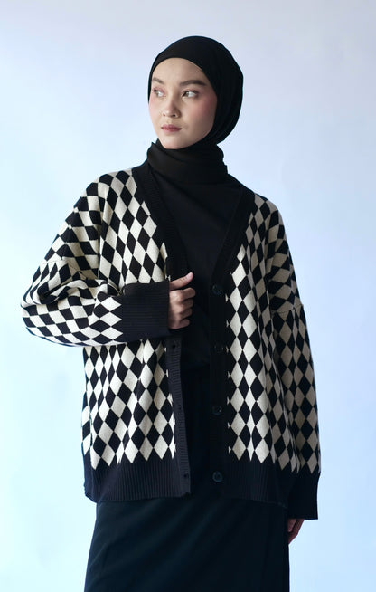 RASHAWL HARLEQUIN KNIT CARDIGAN BLACK