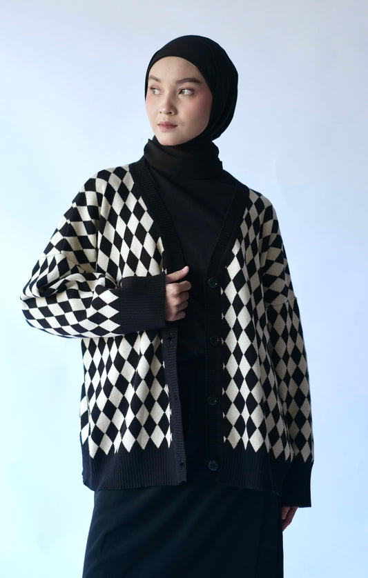 RASHAWL HARLEQUIN KNIT CARDIGAN BLACK