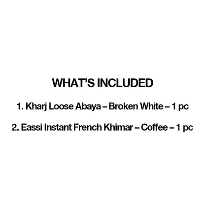 RASHAWL BUNDLING 02 KHARJ LOOSE ABAYA BW + EASSI INSTANT FRENCH KHIMAR COFFEE